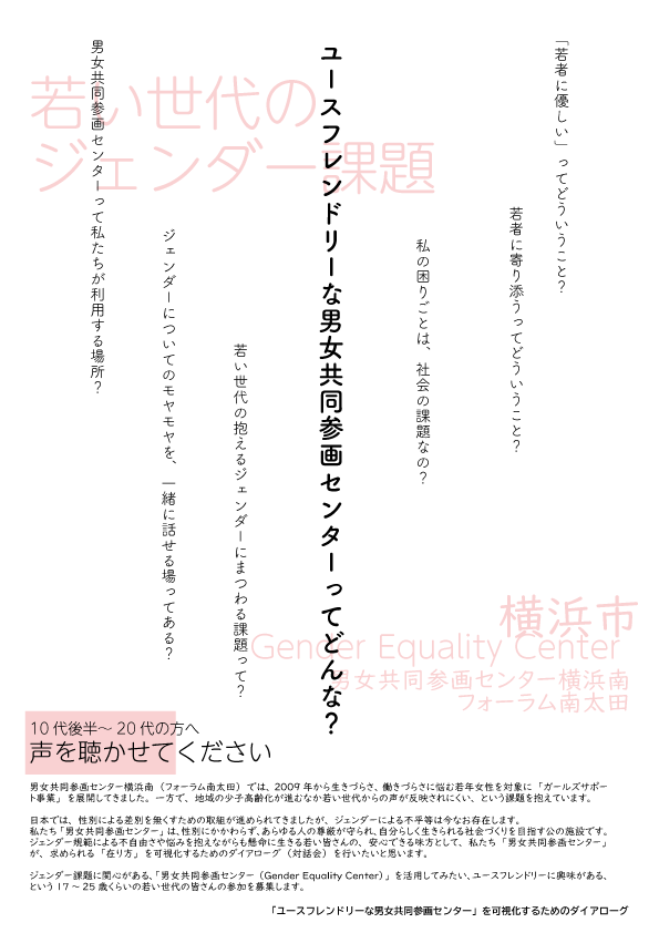 ユースフレンドリーな男女共同参画センターを可視化するためのダイアローグ2023年11月25日（土）開催。ファシリテーターは櫻井彩乃さん、主催は男女共同参画センター横浜南（フォーラム南太田）。17～25歳くらいの若い世代の参加を募集します。